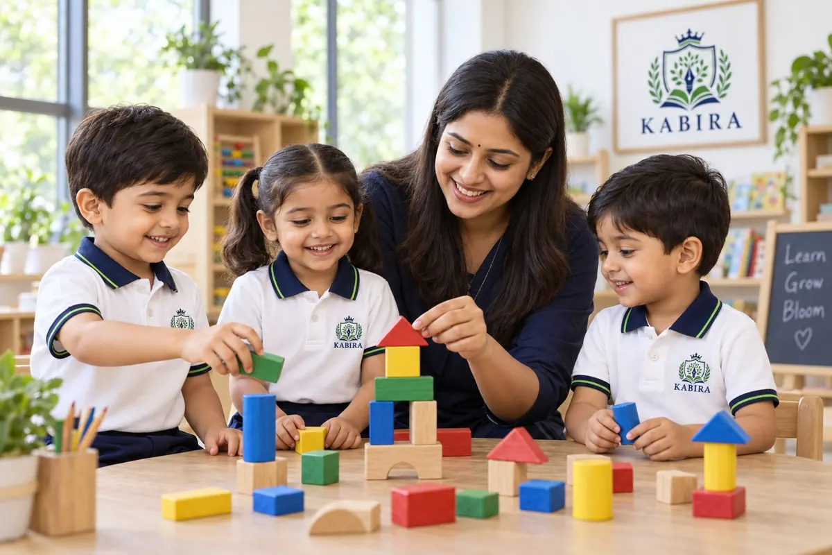 Illustrative Kabira learning scene with children in school-branded uniforms